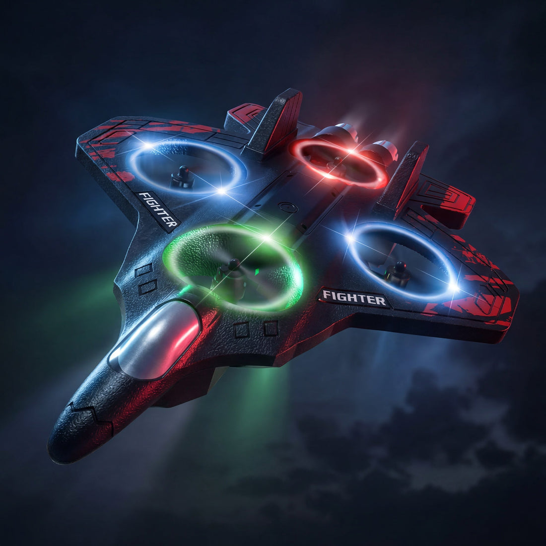 Samolot Aerovix z kolorowym oświetleniem LED na ciemnym tle