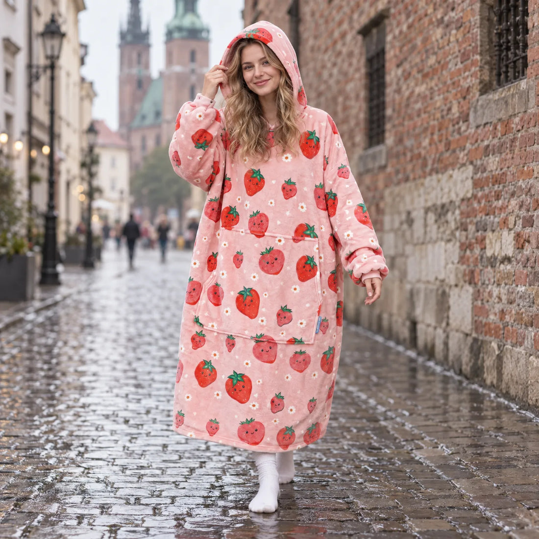 Bluza z Kapturem Oversize ze Sherpą w Truskawki