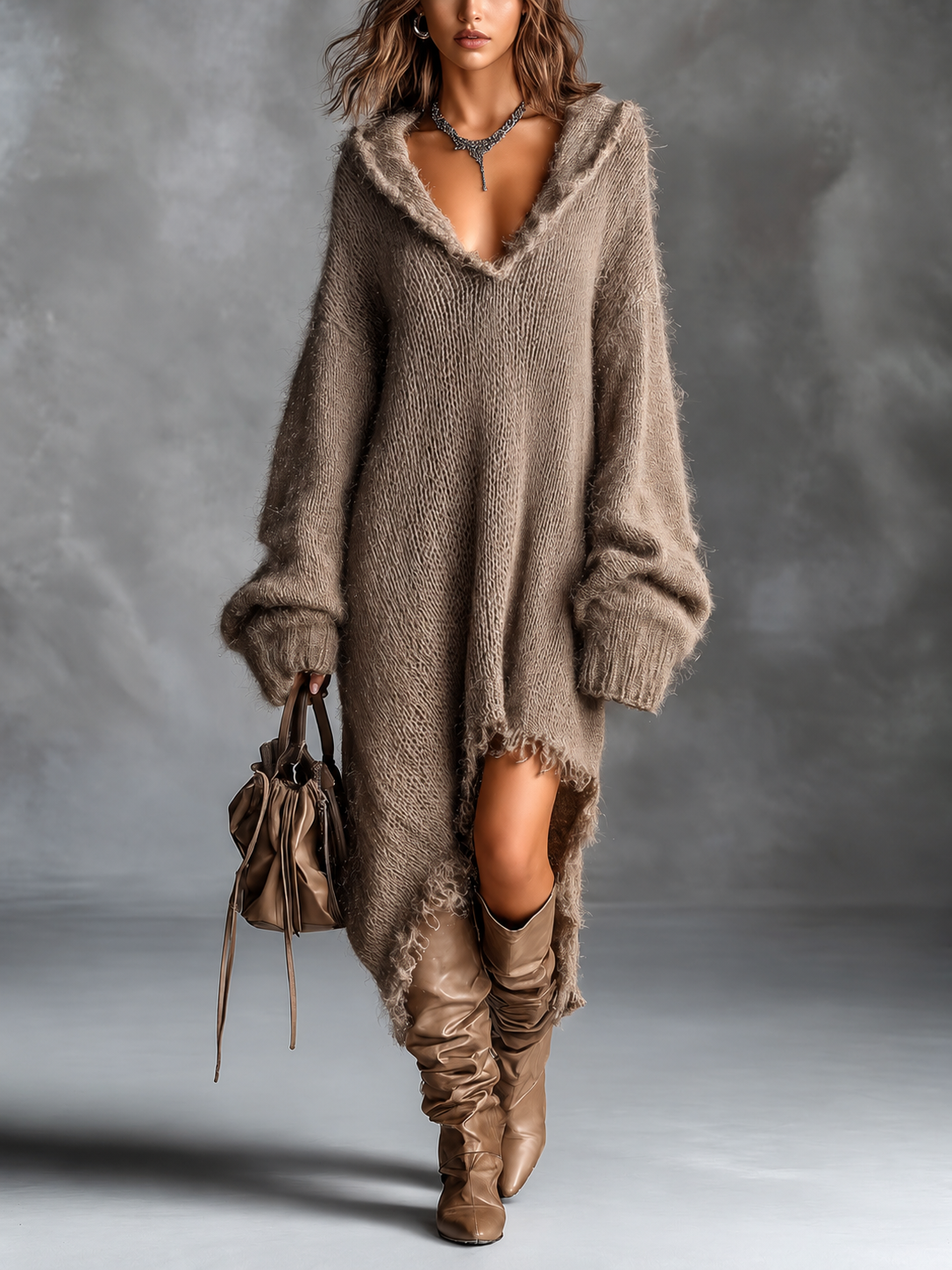 Dzianinowa sukienka oversize z kapturem w kolorze khaki z kozakami