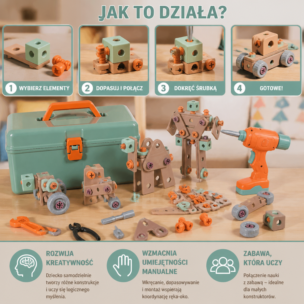 144-elementowy zestaw narzędzi dla dzieci z wiertarką i skrzynką narzędziową – zestaw konstrukcyjny STEM Montessori
