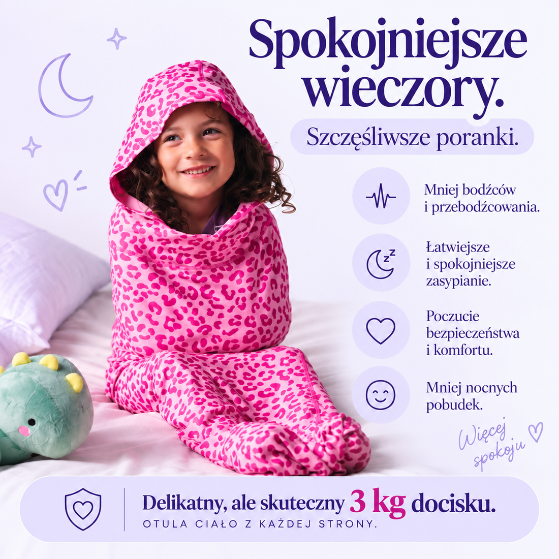 Dziewczynka w różowym śpiworku sensorycznym w panterkę z kapturem – spokojniejsze wieczory