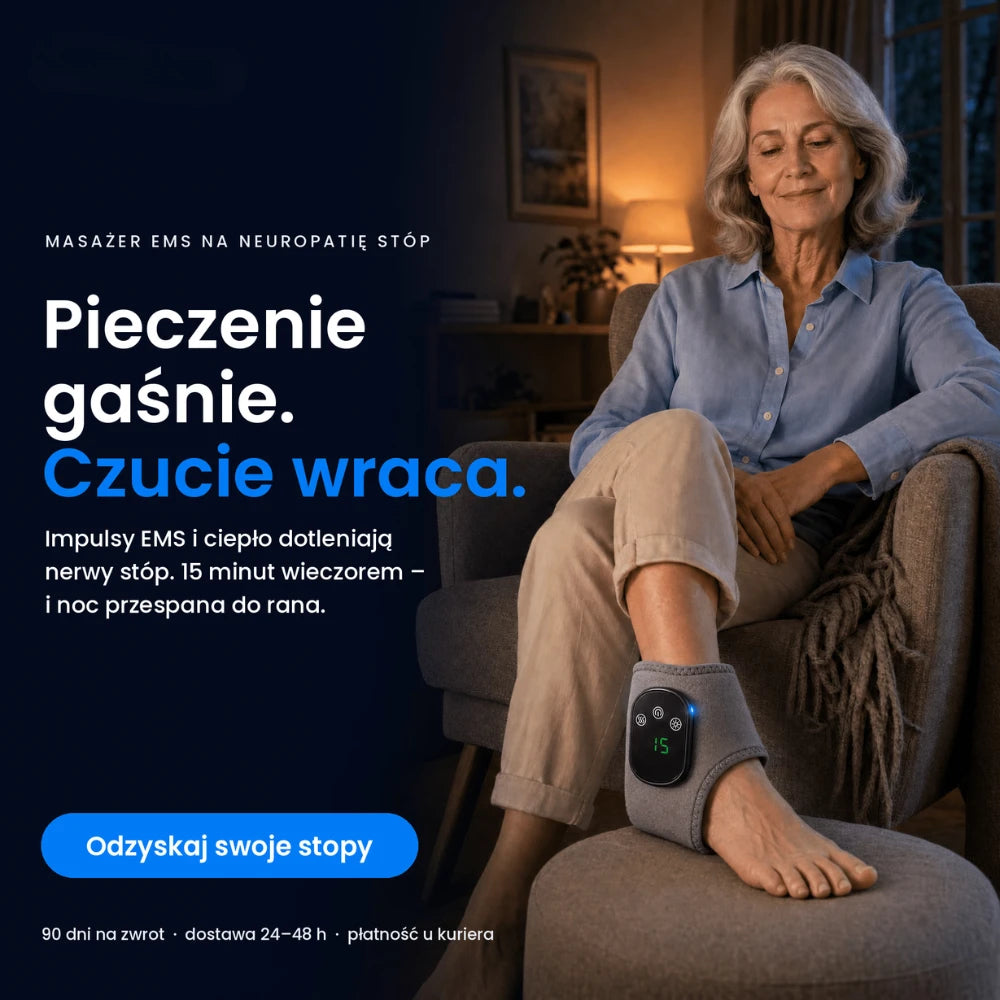 Kobieta z urządzeniem EMS na stopie – pieczenie gaśnie, czucie wraca