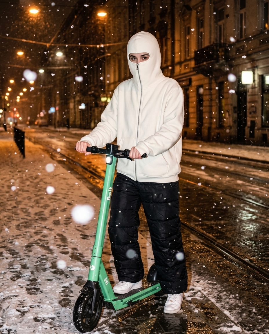 Biała bluza z kominiarką noszona na hulajnodze zimą