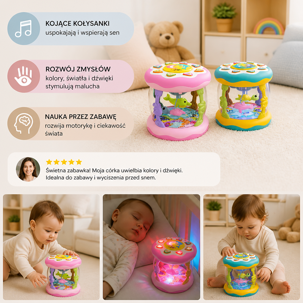 Interaktywna zabawka muzyczna ze światłami – sensoryczna zabawka Montessori z kojącymi kołysankami