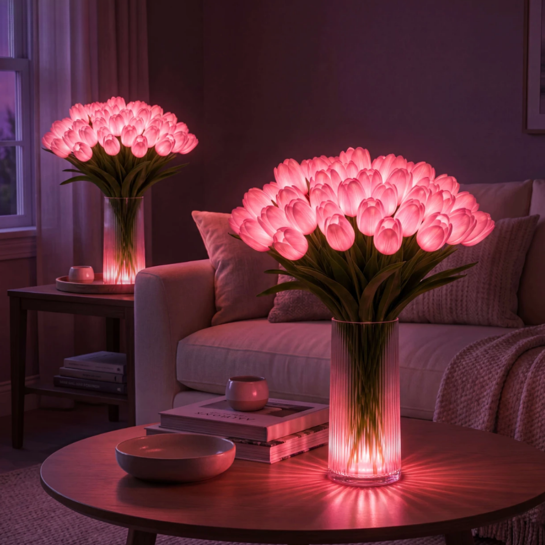 Różowe świecące tulipany w salonie – Lampa Tulipia