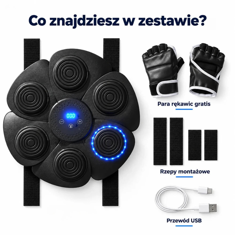 Zawartość zestawu: trenażer bokserski, rękawice, rzepy montażowe i przewód USB