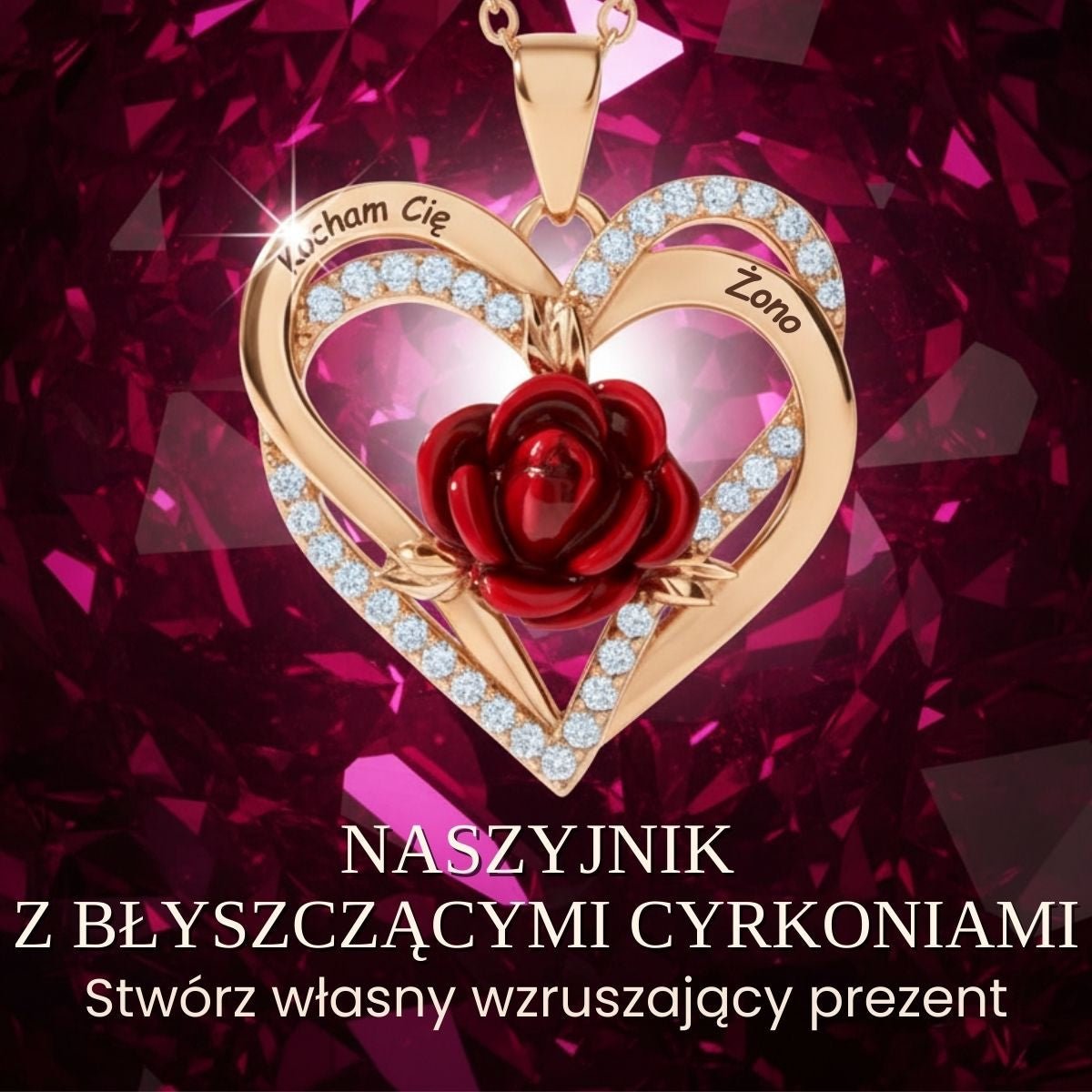 Naszyjnik z grawerem Kocham Cię Żono z czerwoną różą