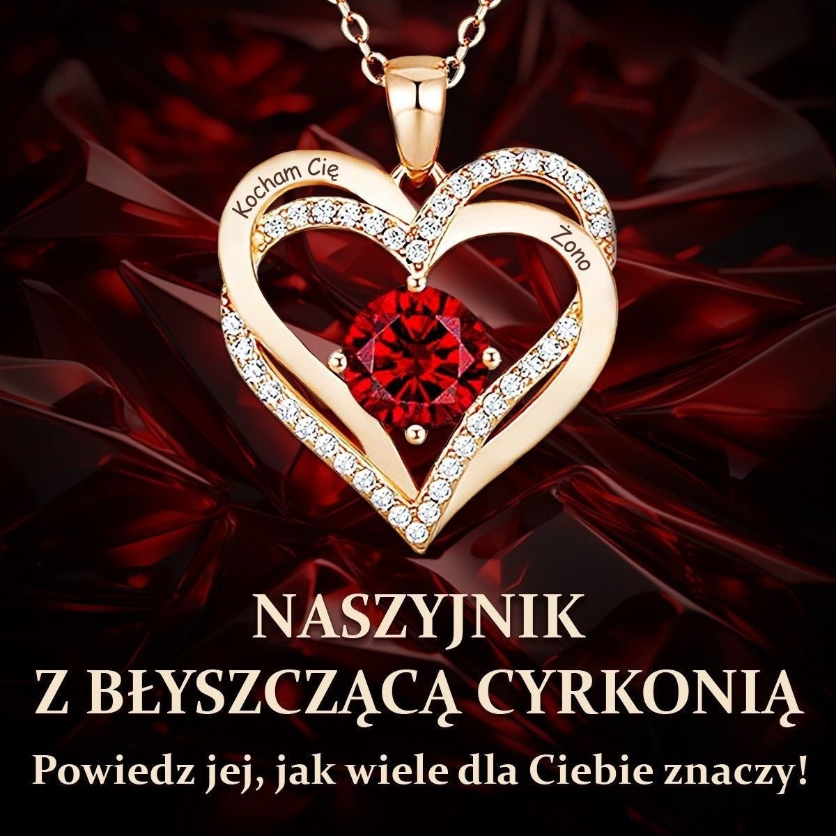 Naszyjnik z grawerem Kocham Cię Żono z czerwoną cyrkonią