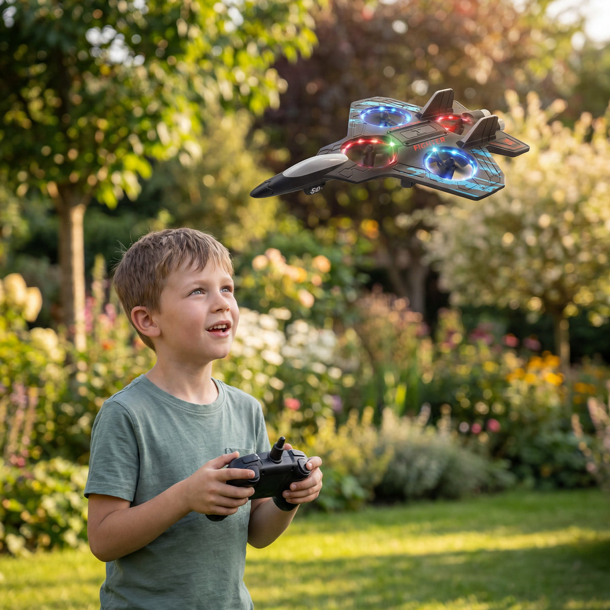 Chłopiec sterujący samolotem Aerovix w ogrodzie