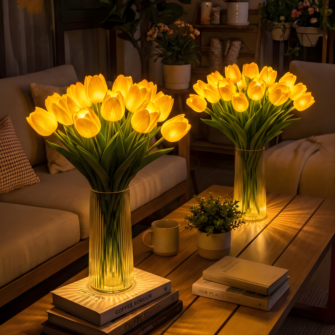 Świecące tulipany na stoliku w salonie – Lampa Tulipia