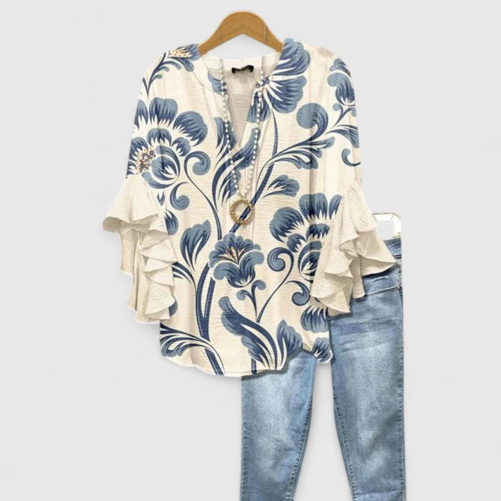 Althea - Bluzka Damska w Kwiaty z Falbaną przy Rękawach