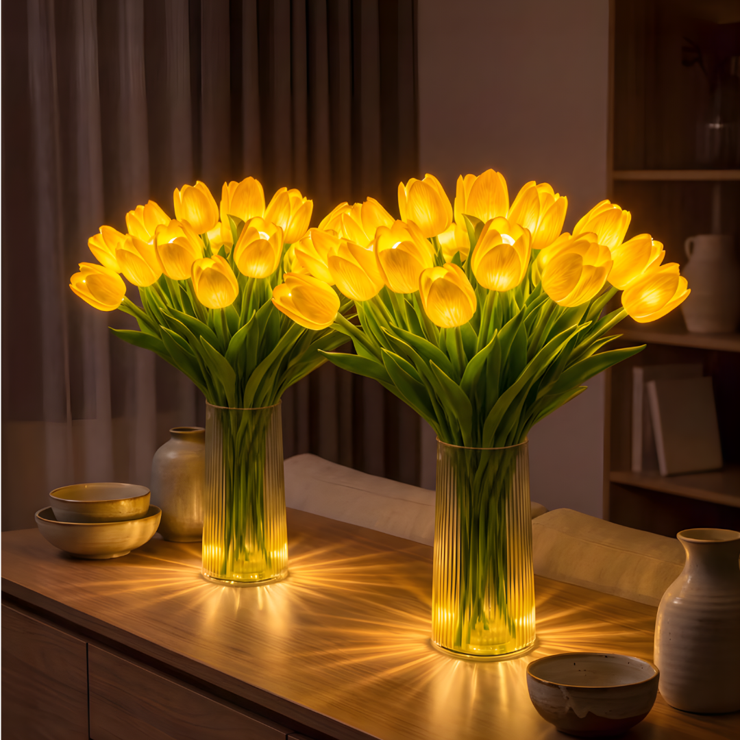 Dwa wazony ze świecącymi tulipanami na komodzie – Lampa Tulipia