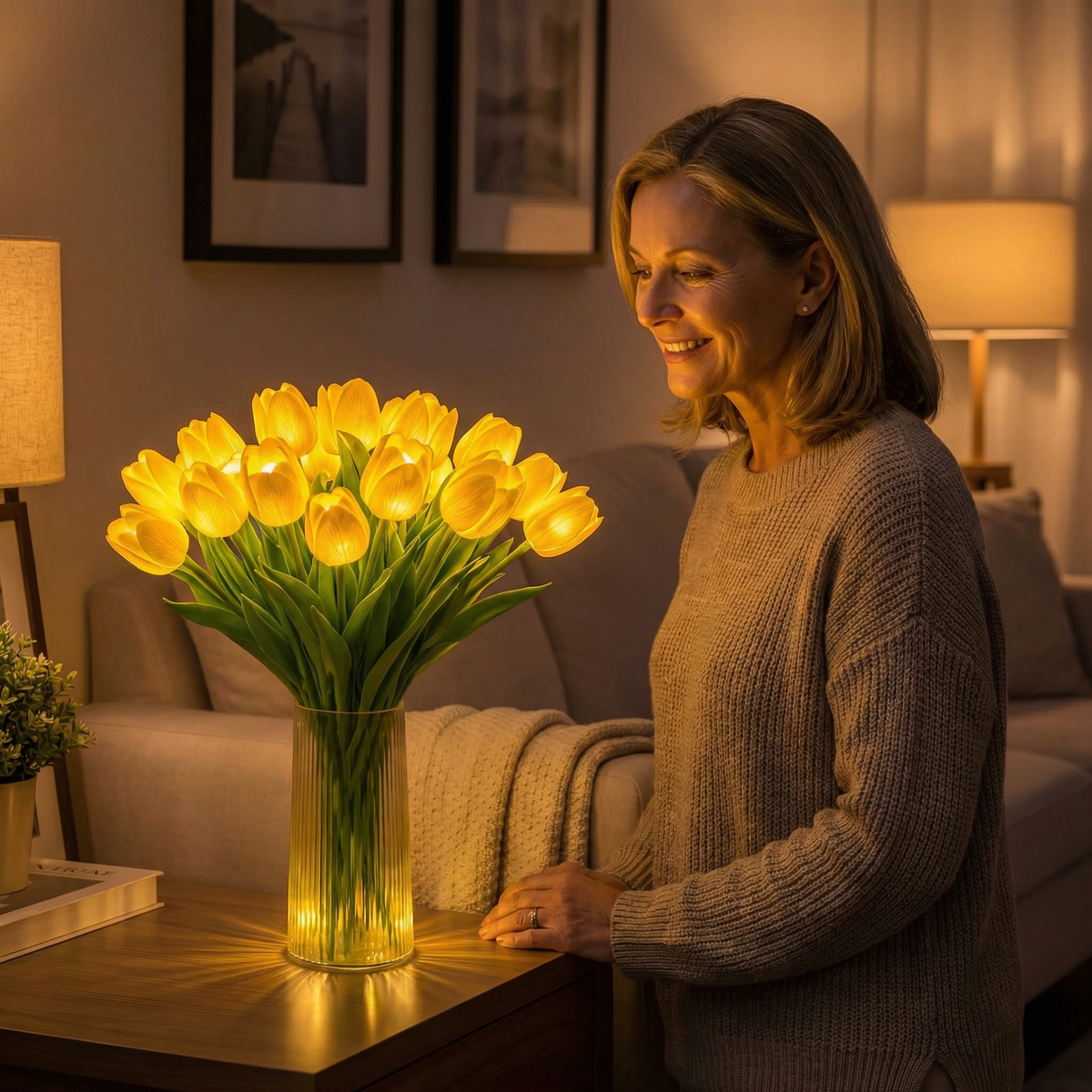 Uśmiechnięta kobieta przy lampie z żółtymi tulipanami – Lampa Tulipia