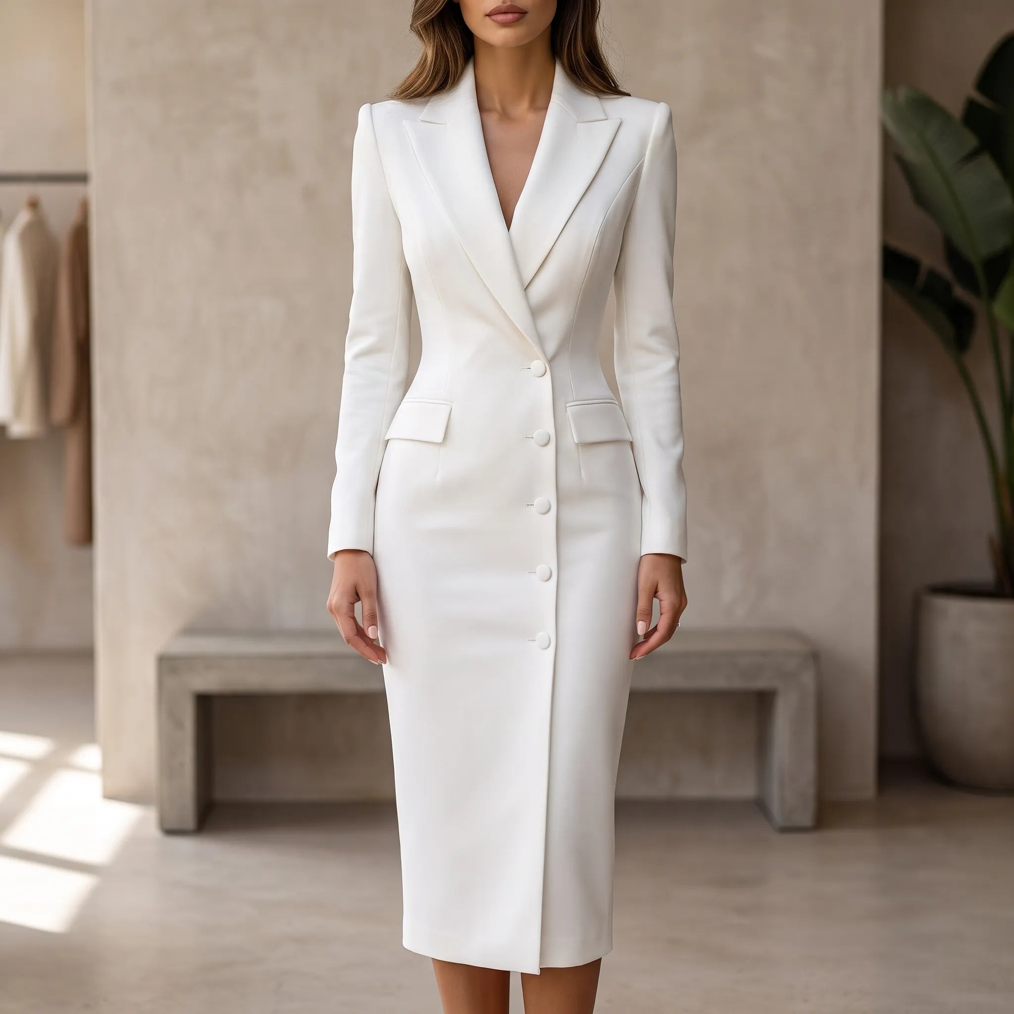 Avenia - Elegancka Biała Sukienka Midi W Stylu Marynarki