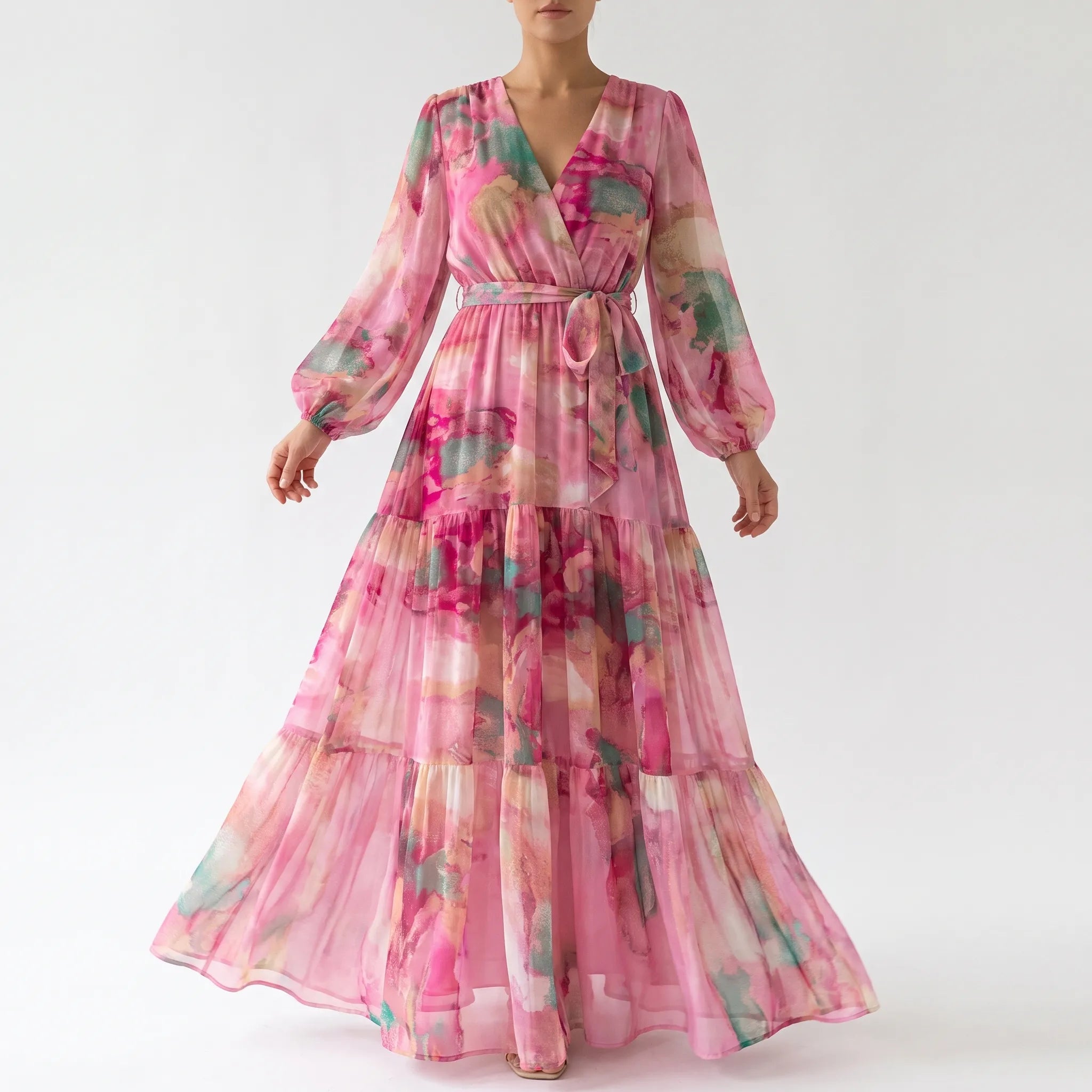 Blossica - Długa Sukienka Damska Elegancka W Kwiaty