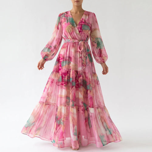 Blossica - Długa Sukienka Damska Elegancka W Kwiaty