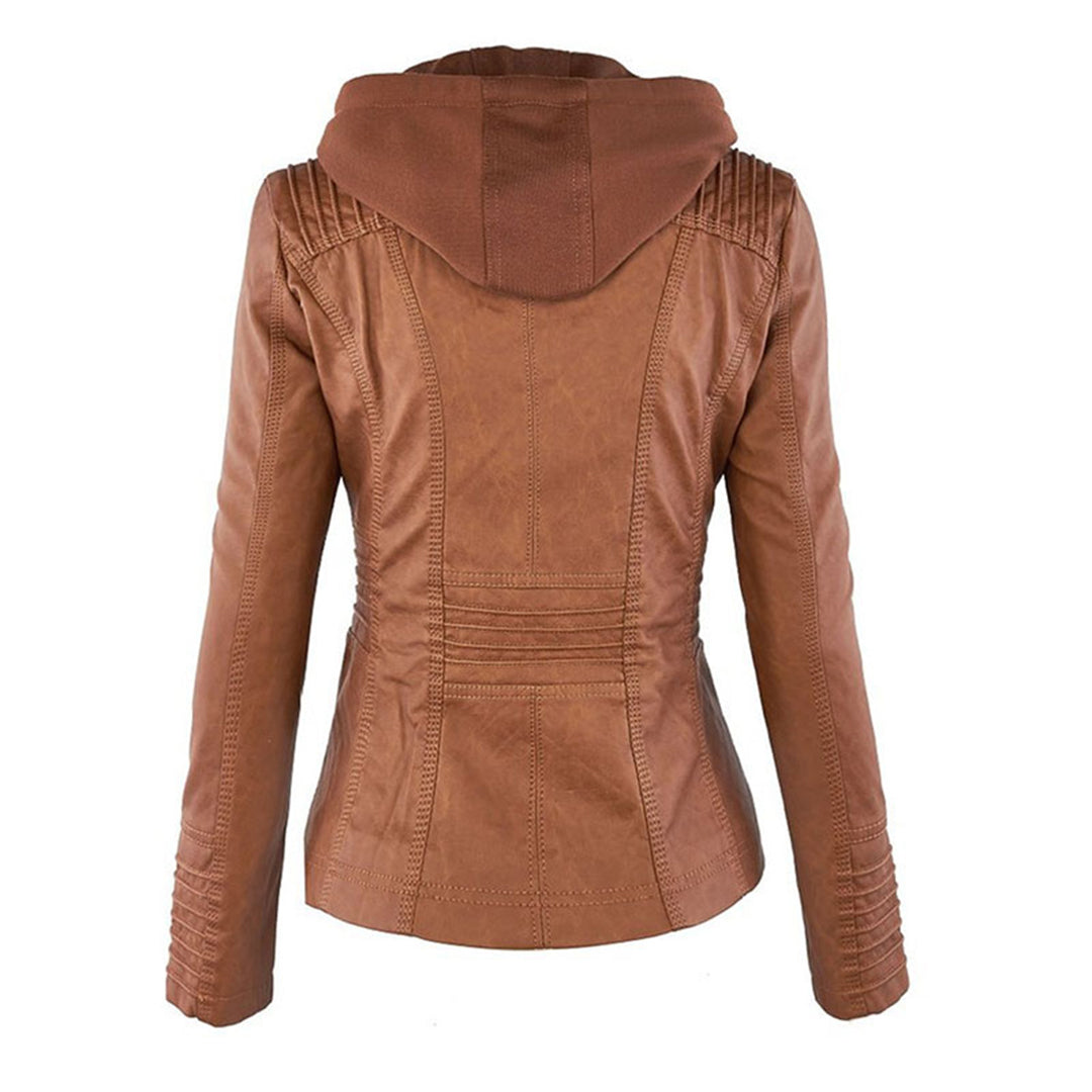 Jasnobrązowa kurtka skórzana – widok z tyłu z kapturem
