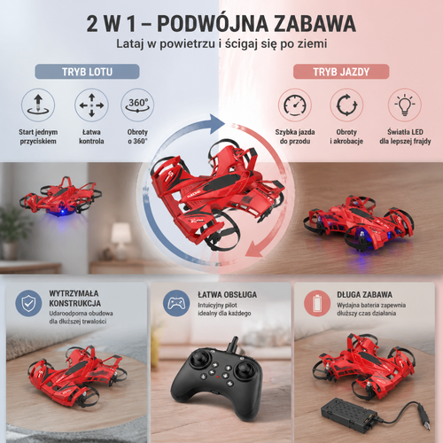 2 w 1: Zdalnie Sterowany Dron Latający i Samochód Wyczynowy