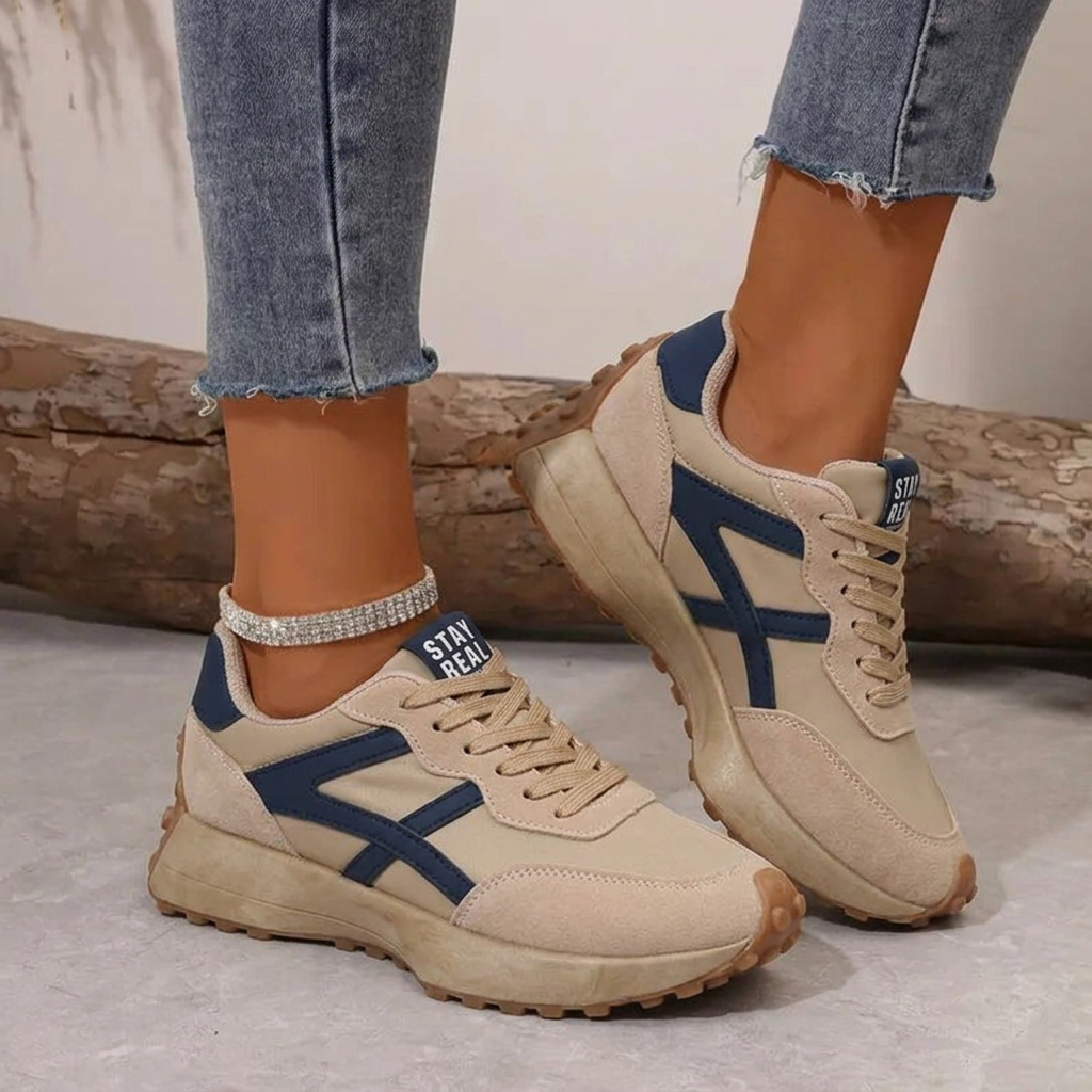 Retrosa - Ortopedyczne Sneakersy Damskie w Stylu Retro - Beżowo-niebieski