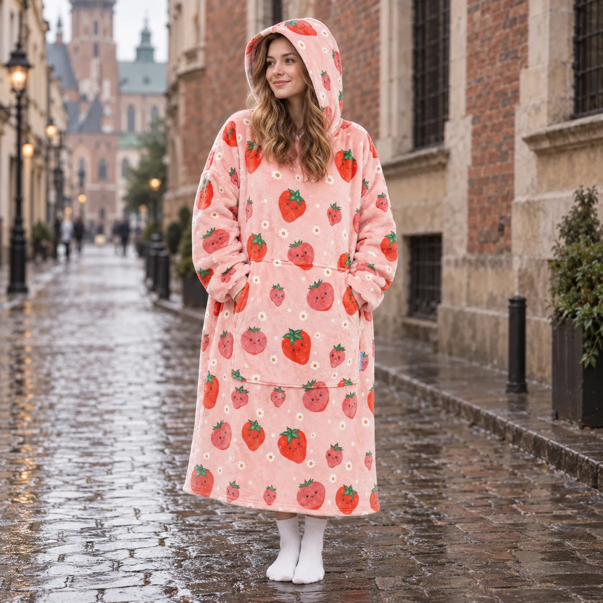 Bluza z Kapturem Oversize ze Sherpą w Truskawki