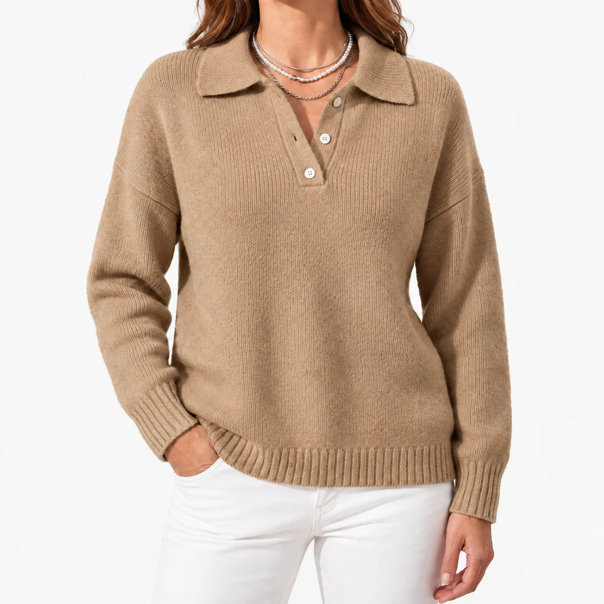 Sweter Polo Damski z Długim Rękawem