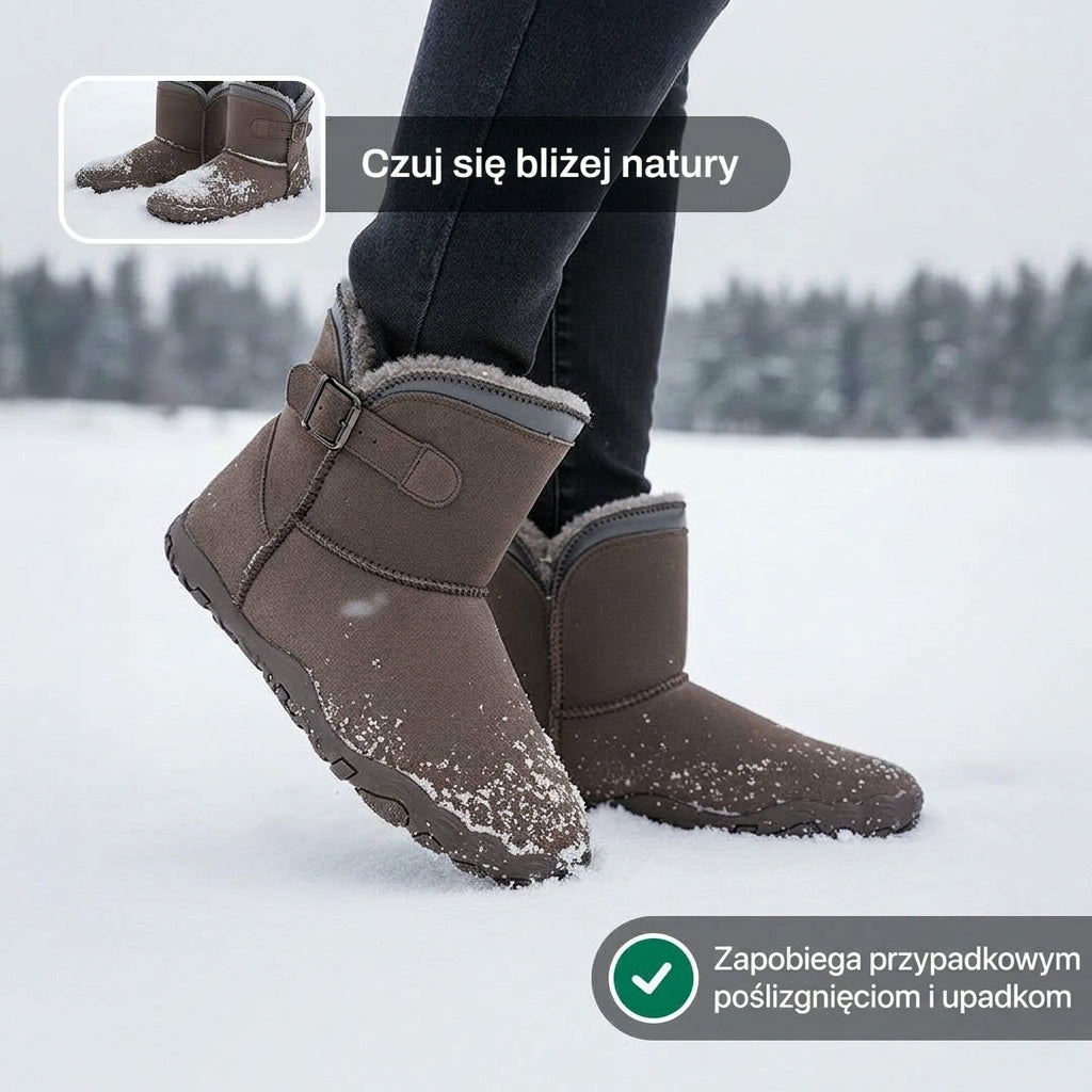 Brązowe zimowe buty barefoot na śniegu