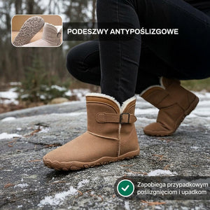 Buty barefoot z antypoślizgową podeszwą na zimowej nawierzchni