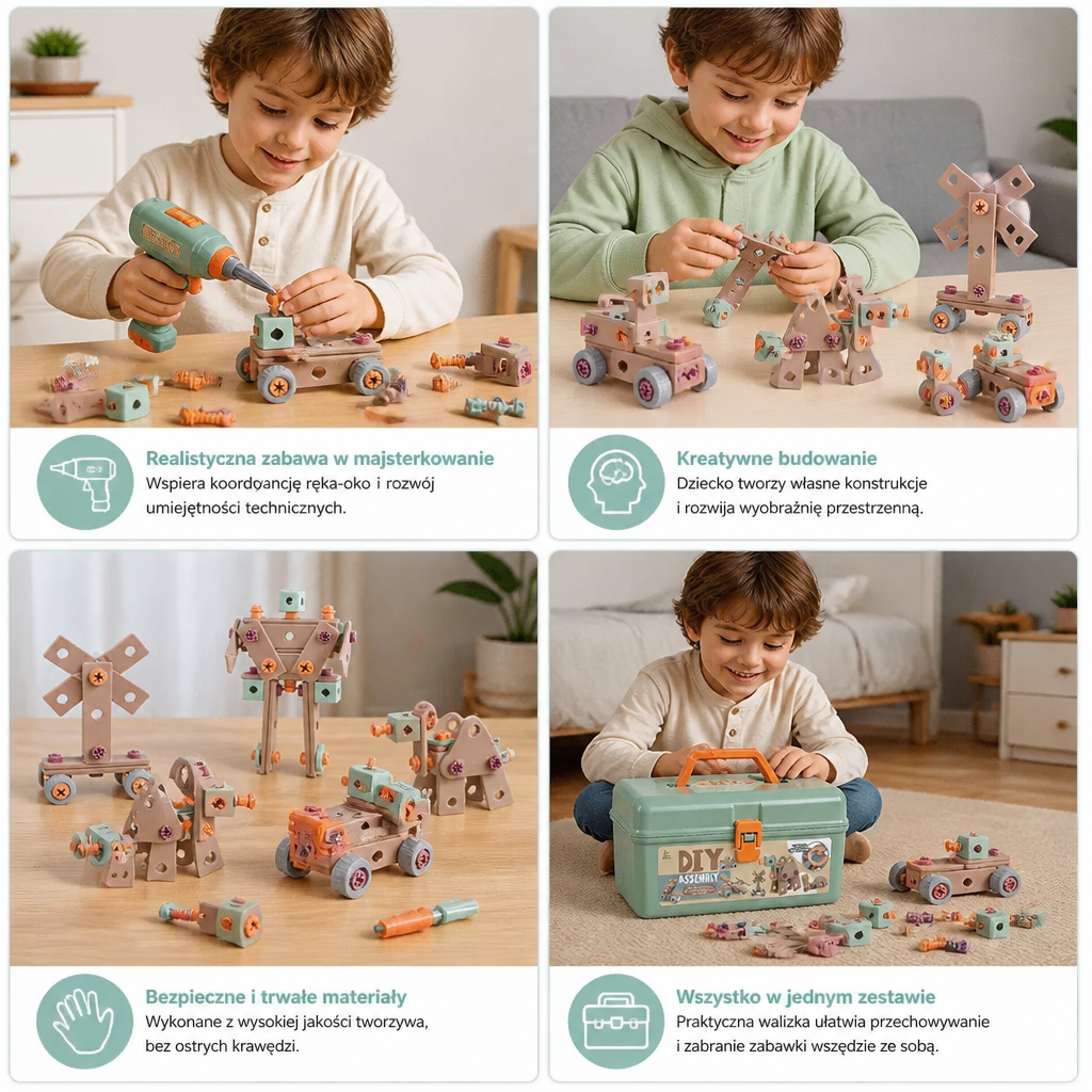 144-elementowy zestaw narzędzi dla dzieci z wiertarką i skrzynką narzędziową – zestaw konstrukcyjny STEM Montessori