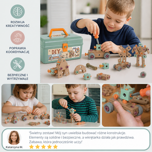 144-elementowy zestaw narzędzi dla dzieci z wiertarką i skrzynką narzędziową – zestaw konstrukcyjny STEM Montessori