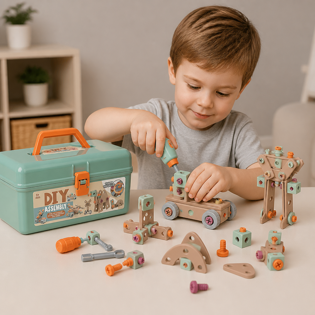 144-elementowy zestaw narzędzi dla dzieci z wiertarką i skrzynką narzędziową – zestaw konstrukcyjny STEM Montessori