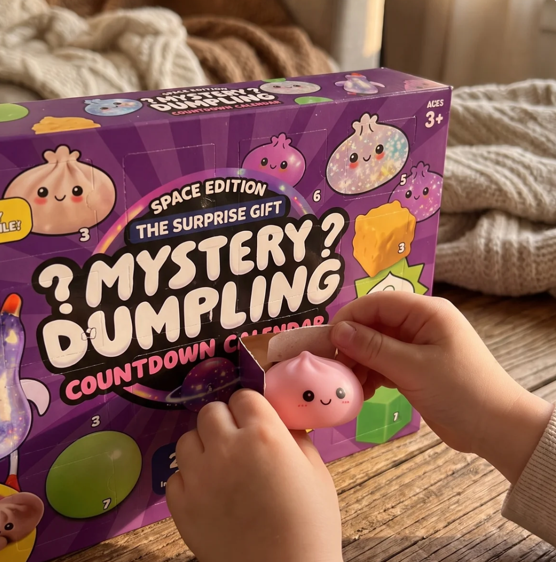 Dziecko otwiera okienko kalendarza adwentowego z squishy