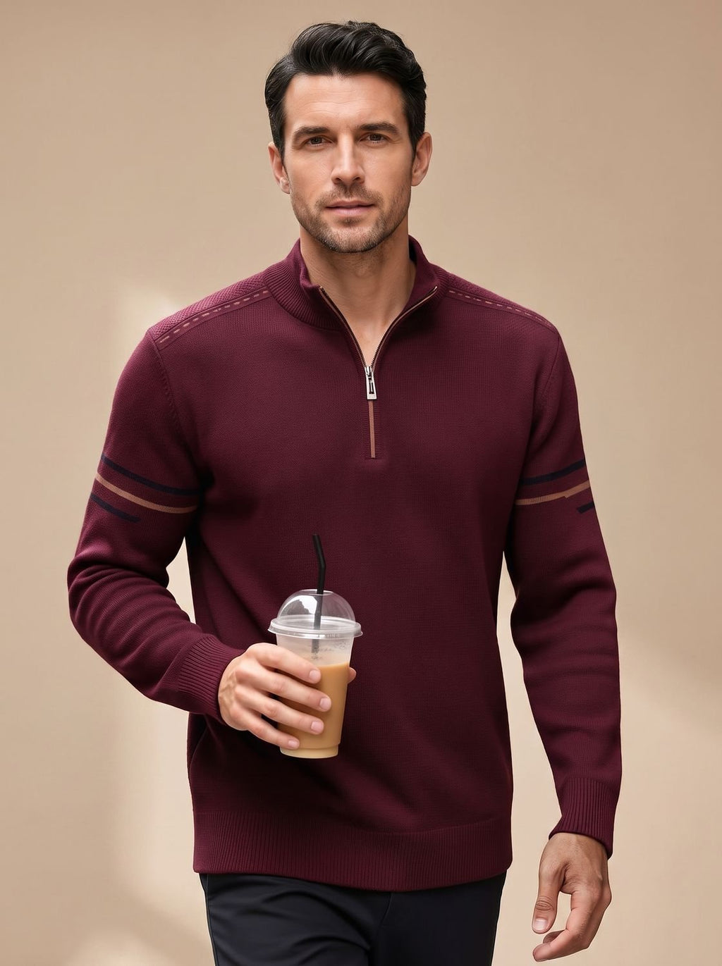 Simeon - Sweter Męski ze Stójką i Zamkiem Half-Zip