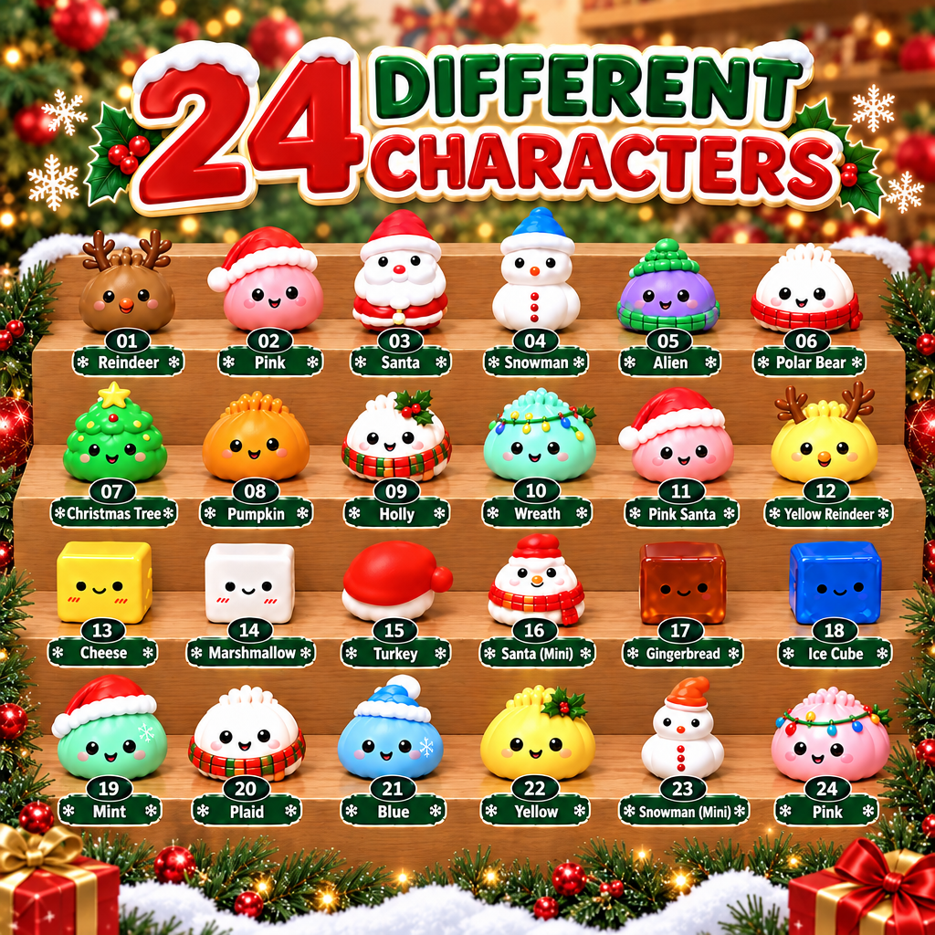 24 różne postacie squishy z kalendarza adwentowego: Mikołaj, renifer, bałwan, choinka i piernik