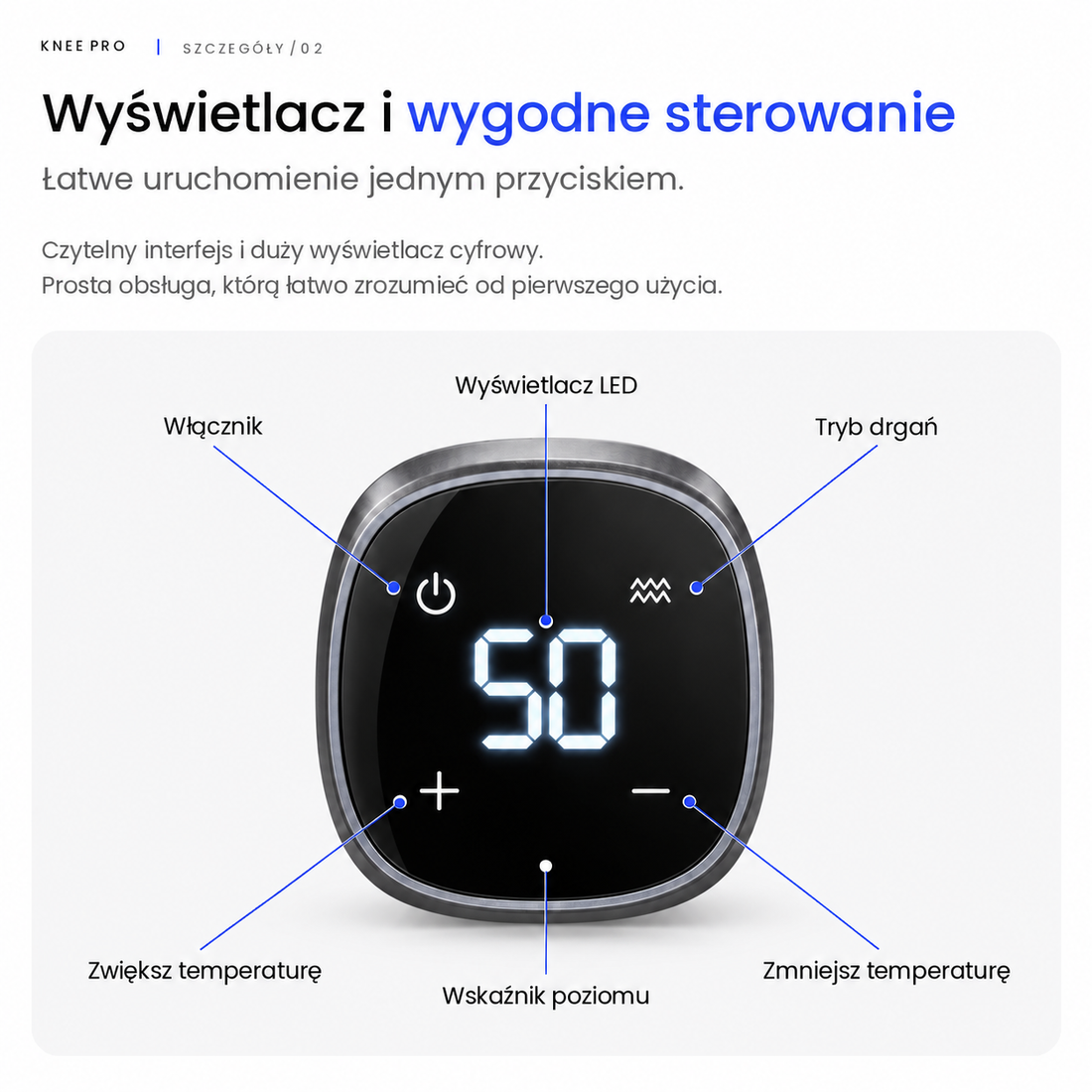 Wyświetlacz i sterowanie masażera kolan
