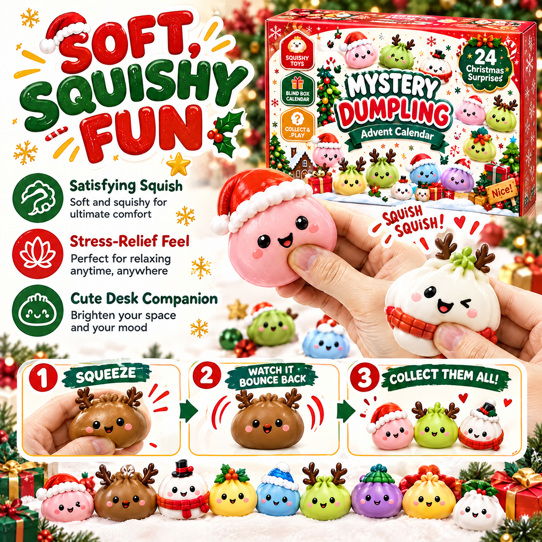 Miękkie, ściskane pierożki squishy w świątecznych czapkach