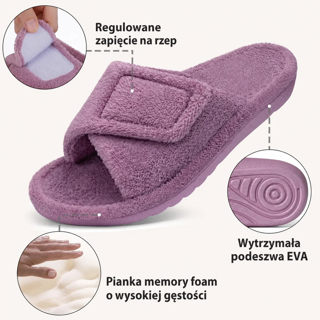 Kapcie domowe z regulowanym zapięciem na rzep, podeszwą EVA i pianką memory foam