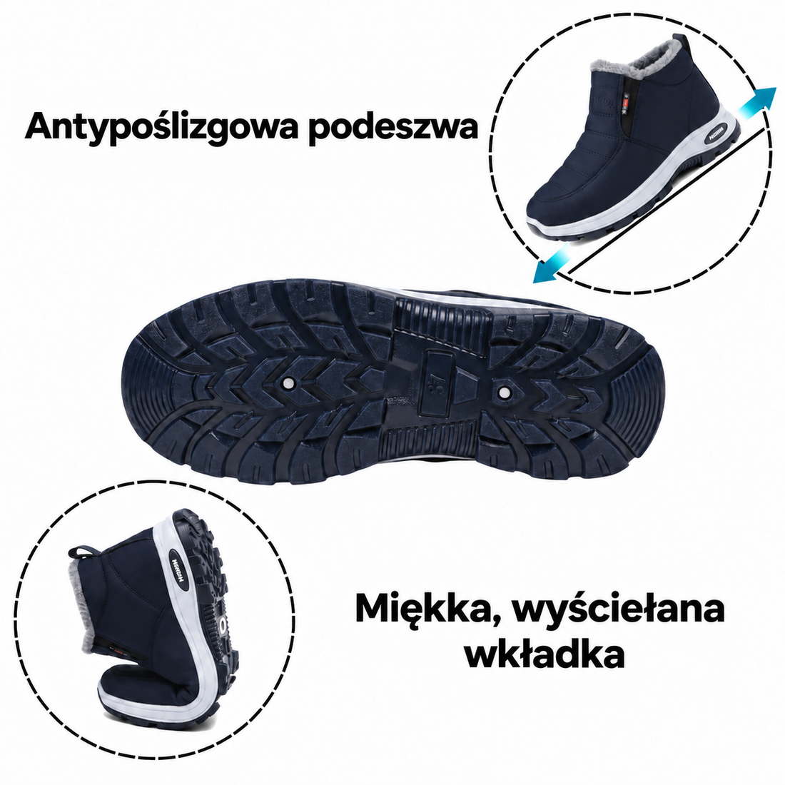 Antypoślizgowa podeszwa i miękka wyściełana wkładka botków zimowych