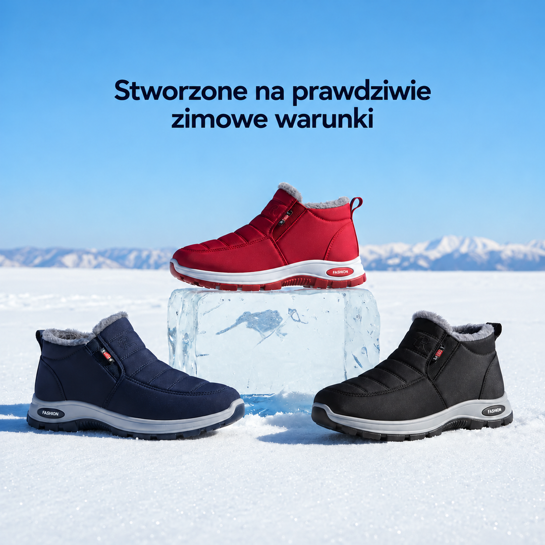 Botki zimowe w trzech kolorach na śniegu i lodzie