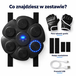 Zawartość zestawu: trenażer bokserski, rękawice, rzepy montażowe i przewód USB