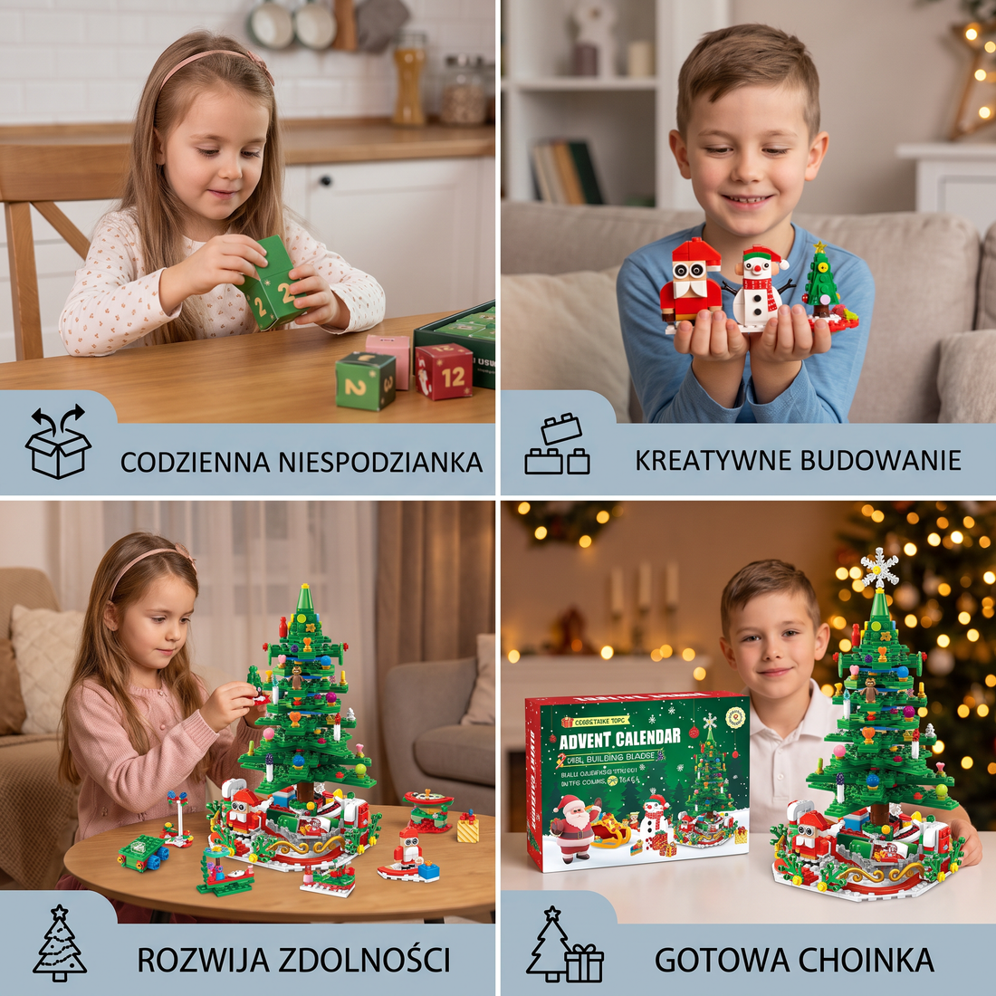 Kalendarz adwentowy z klockami w kształcie choinki dla dzieci