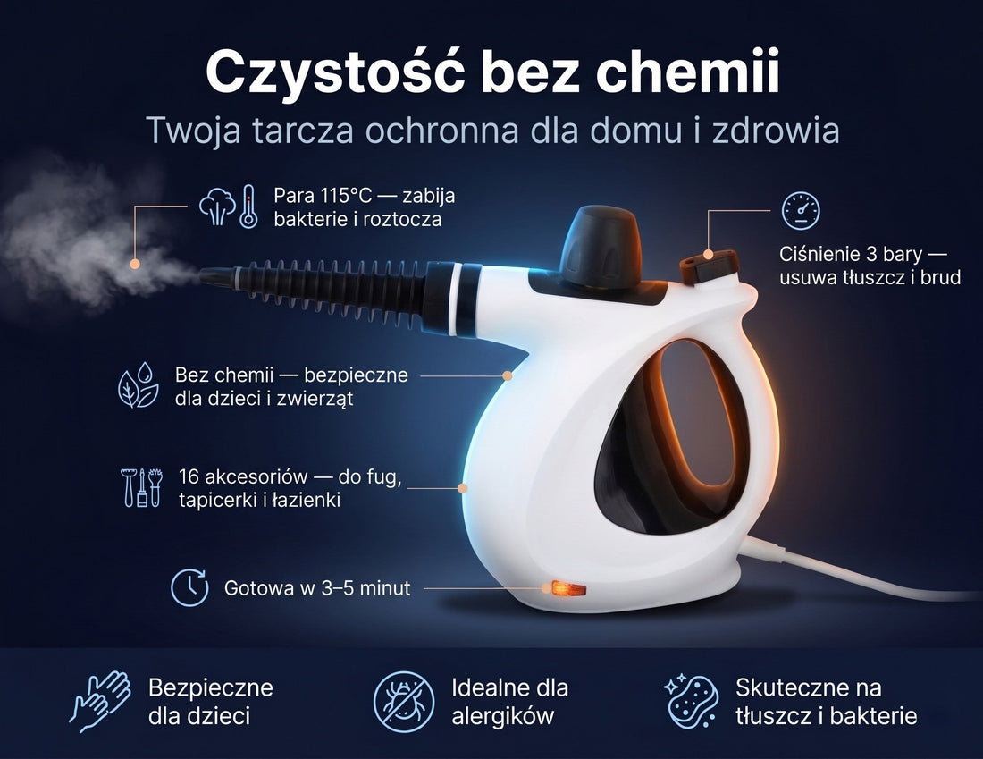 Myjka parowa – para 115°C, ciśnienie 3 bary, bez chemii