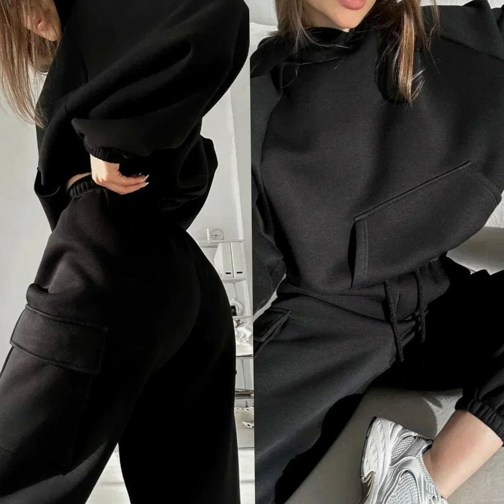 Dres damski bluza z kapturem i joggery cargo - Czarny