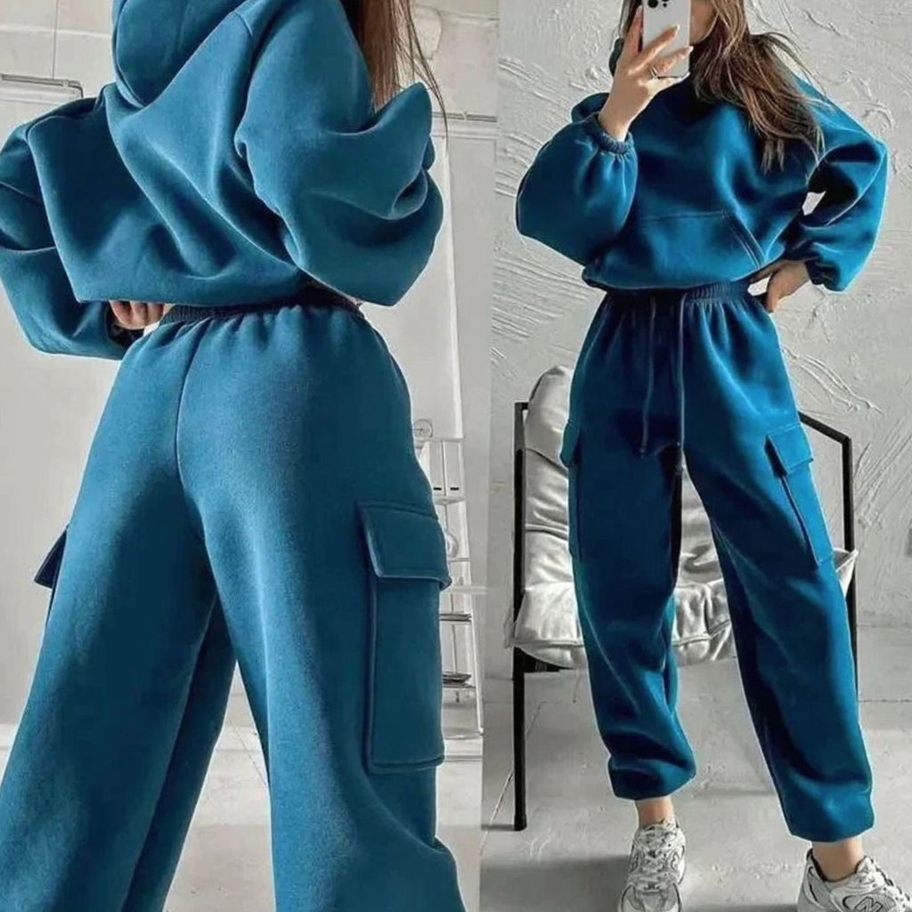 Dres damski bluza z kapturem i joggery cargo - Niebieski