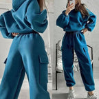 Dres damski bluza z kapturem i joggery cargo - Niebieski