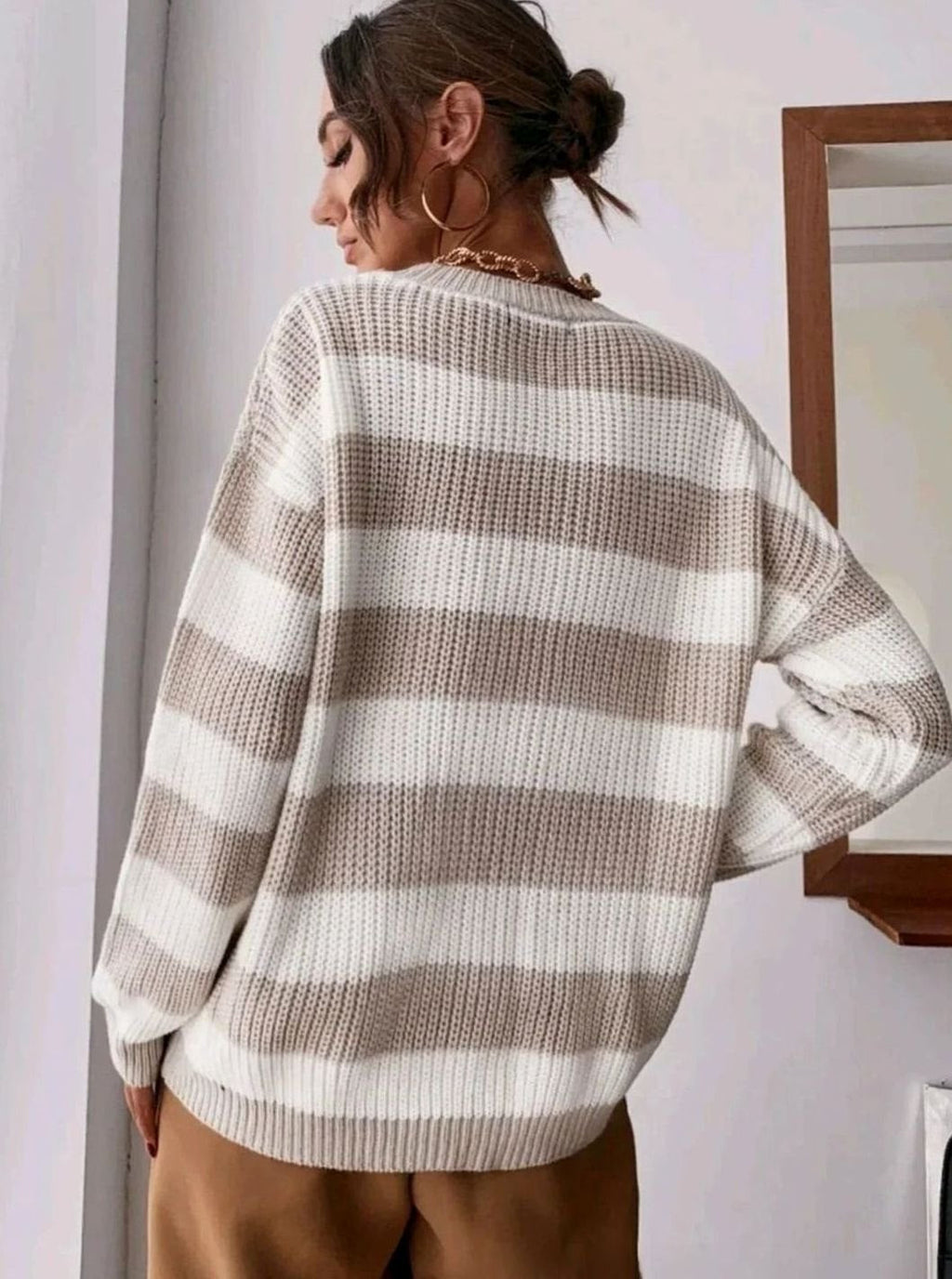 Sweter w paski oversize - Morelowy